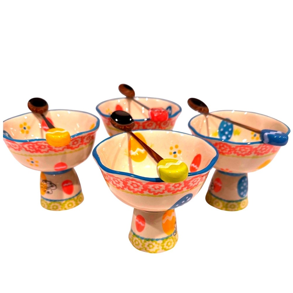 Set of 4 TEMPTATIONS Egg Hunt Dessert Bowls & Spoons EASTER Parfait Cups